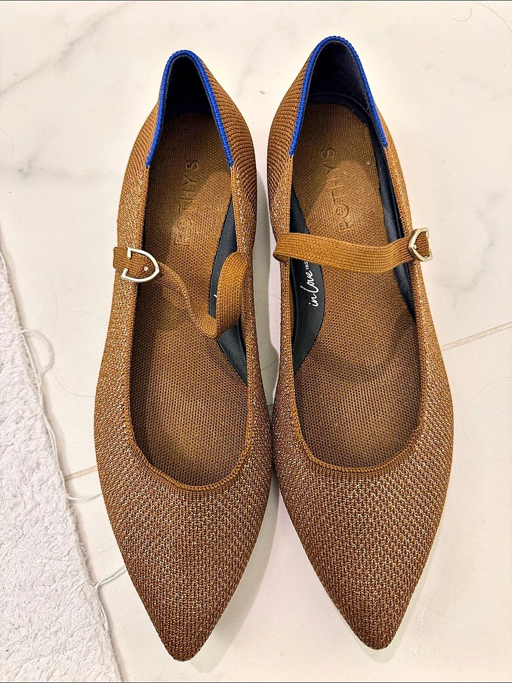 Rothy's The T-Strap Mary Jane Pointed-Toe Flats Brown & Blue US 8.5